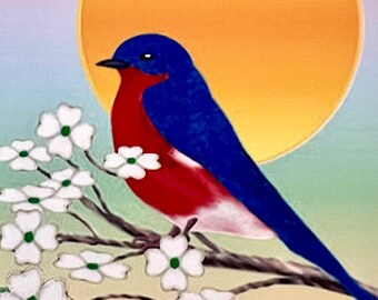 Bluebird Dogwood Tree ACEO Art Card, Original Graphic Painting