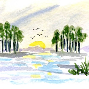 Carte d'art aquarelle originale ACEO, lac d'été, oiseaux en vol, matin à la campagne, nature calme, miniature, aquarelle OOAK SFA par H Clements
