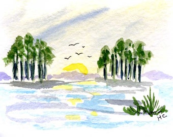 Original Watercolor Lake ACEO Art Card, Birds Flying, Miniature SFA