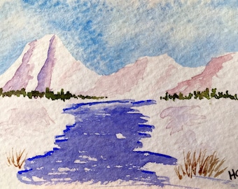 Original Watercolor Winter Landscape ACEO Art Card, Purple Mountains