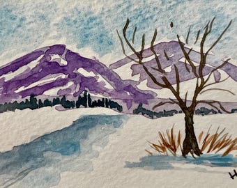 Original Watercolor Winter Mountain Landscape ACEO Art Card