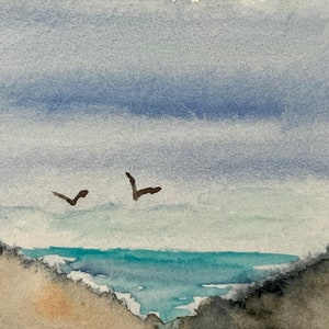 Acquerello originale ACEO Art Card, oceano, spiaggia tranquilla, paesaggio marino estivo, dipinto nautico, arte OOAK in miniatura ad acquerello, di H Clements