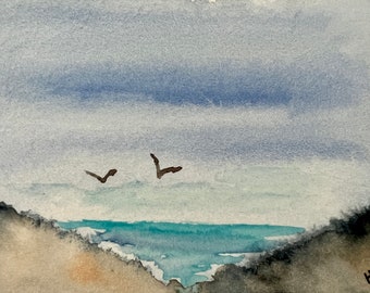 Original Watercolor Ocean ACEO Art Card, Beach Seascape Painting