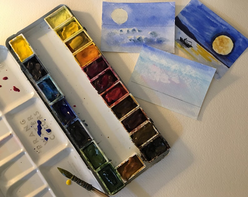 Autumn Watercolor Miniature Watercolor OOAK art by H Clements Original Watercolor ACEO Art Card Ocean Moonrise Waves at Sea