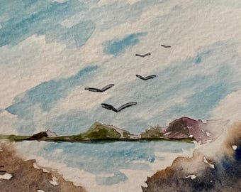 Original Watercolor ACEO Art Card, Misty Seascape, Flying Birds Miniature Painting