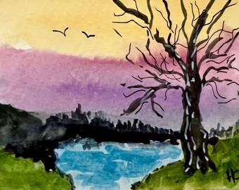 Original Watercolor Landscape Painting, Miniature ACEO Art Card