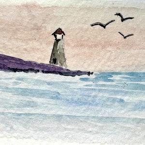 Carta artistica ACEO originale con acquerello, uccelli oceanici, faro, paesaggio marino estivo, dipinto nautico, arte OOAK in miniatura con acquerello, di H Clements