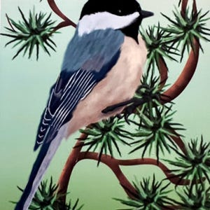 Chickadee in Pine Tree Art Print, Original ACEO Painting