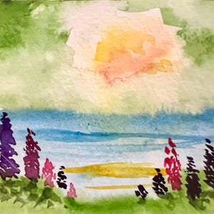 Original Aquarell ACEO Kunst Karte, Sommer Natur Szene, friedlicher Sonnenaufgang, Kunst für Puppenhaus, Aquarell Landschaft, OOAK Kunst, von H Clements