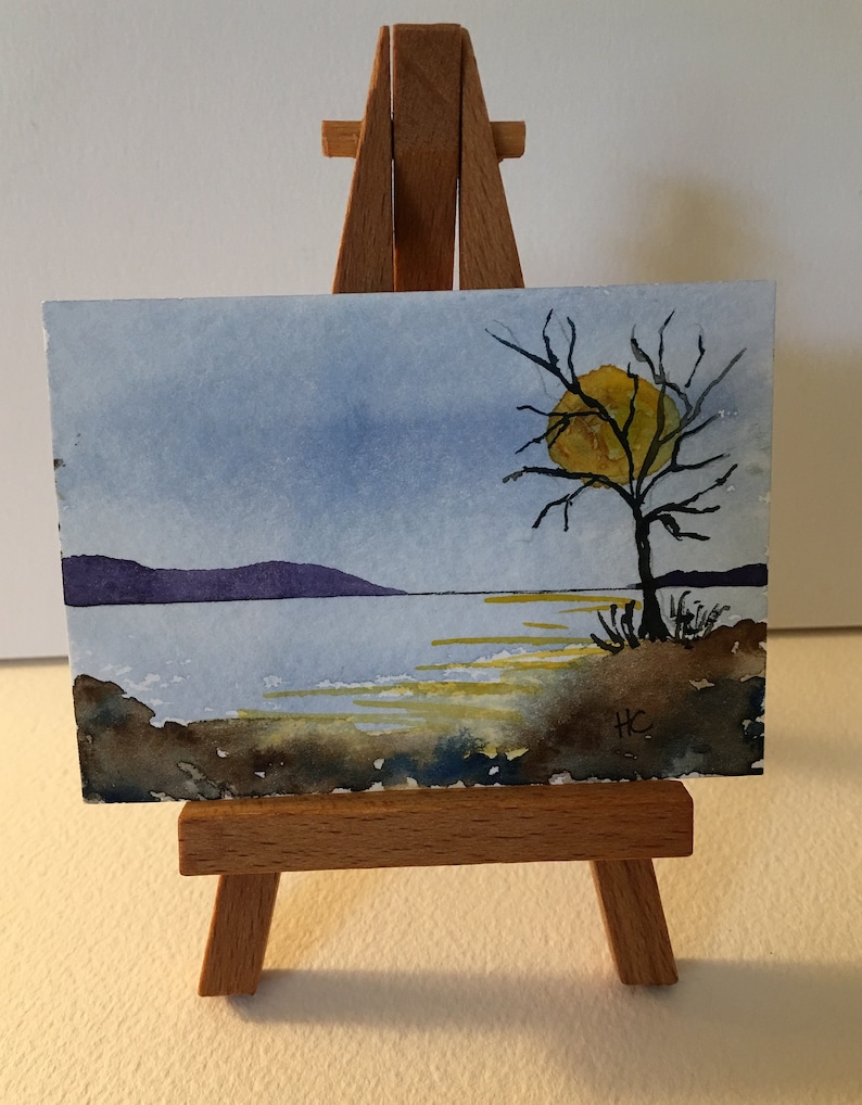 Autumn Watercolor Miniature Watercolor OOAK art by H Clements Original Watercolor ACEO Art Card Ocean Moonrise Waves at Sea