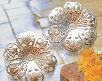 8 pcs silver plated filigree flower cabochon settings , charm, pendant