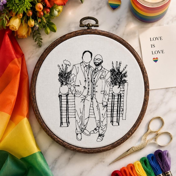 Custom Couple Embroidery Portrait | Minimalist Line Art | LGBTQ+ Pride Gift
