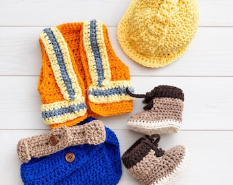 Handmade Baby Construction Outfit Photo Prop Set – Newborn Vest, Hat, Boots, Diaper Cover