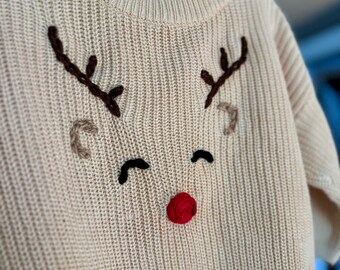 Hand-Embroidered Reindeer Sweater – Holiday Kids' Sweater