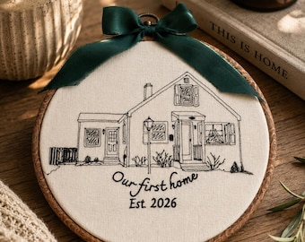 Custom Embroidered House Portrait | First Home Embroidery Keepsake, Realtor Gift