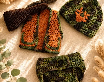 Crocheted Hunting Baby Outfit | Camo Vest, Diaper Cover, Hat | Woodland Newborn Photo Prop