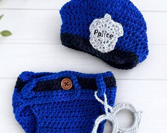Handmade Newborn Police Outfit – Crochet Police Hat & Diaper Cover Set with Handcuffs | Baby Photo Prop | Newborn Costume
