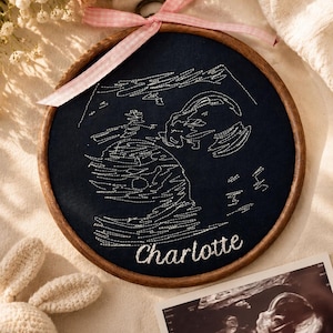 Könnte beinhalten: Gesticktes Ultraschallbild auf marineblauem Stoff in einem Holzreifen, mit dem Namen "Charlotte" darunter gestickt. Oben ist ein rosa Vichy-Band gebunden. Ein gedrucktes Ultraschallfoto und ein Stoffhase sind ebenfalls vorhanden.