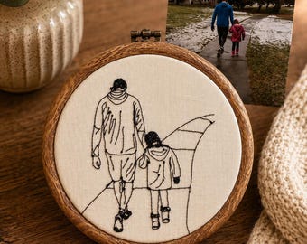 Portrait personnalisé de cerceau à broder père enfant | Souvenir de dessin au trait minimaliste