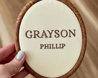 Custom Embroidered Name Hoop | Rustic Nursery Decor, Keepsake Wall Art