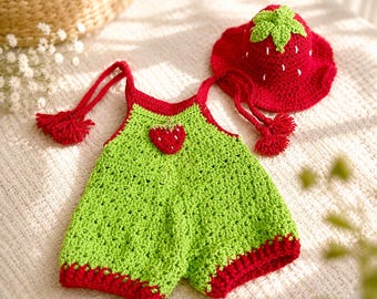 Crochet Strawberry Romper Set: Handmade Baby Outfit with Bucket Hat