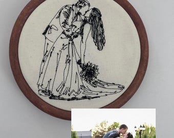 Custom Embroidered Wedding Photo Portrait – Minimal Line Art Keepsake Gift