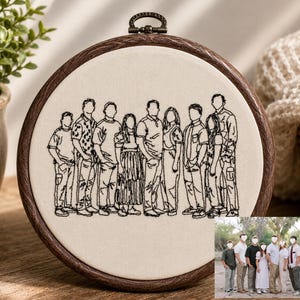 Op de afbeelding: Een rond, geborduurd kunstwerk met een familieportret in zwarte draad op een crèmekleurige stof. Het kunstwerk is geplaatst in een donkerbruine houten hoepel met een metalen ophanglus. Een kleine foto van de familie staat rechtsonder.