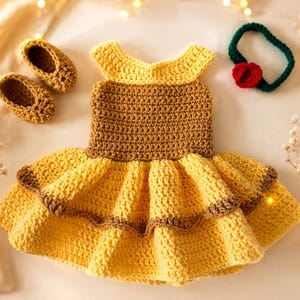 crochet princess belle dress LLBC Crochet Dress Princess Belle Part 1 Main Dress 0-12 mos all size Crochet baby dress