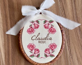 Custom Embroidered Name Hoop | Rose Floral Nursery Decor | Oval Faux Wood Hoop