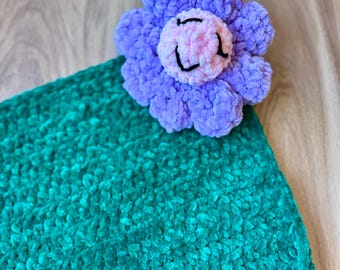 Crochet Flower Lovey Blanket | Plush Baby Security Comforter | Handmade Floral Nursery Toy