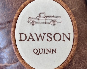 Custom Embroidered Name Hoop with Vintage Truck | Personalized Nursery or Kids Room Decor