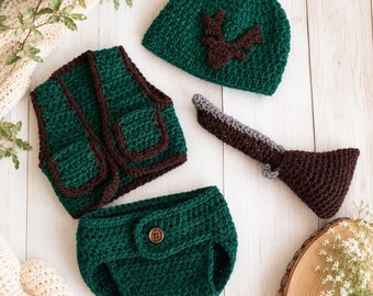 Crocheted Hunting Baby Outfit | Green Vest, Diaper Cover, Hat | Woodland Newborn Photo Prop