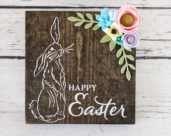 Happy Easter Bunny sign with felt flowers