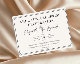 May include: A white card with black text announcing a surprise celebration for Elizabeth and Brandon on Monday, October 14th, 2024, from 2:30 to 4:00 PM. The card includes the location and dress code: Casual Attire.