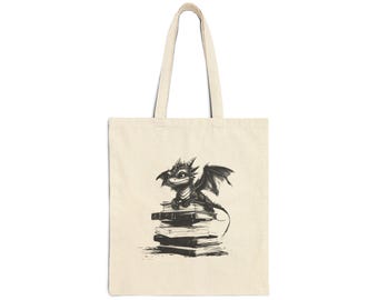 Little Dragon on Books Tote Bag | Reading Fantasy Illustration