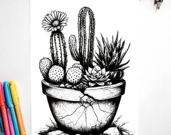 Succulent and Cactus Coloring Pages, Botanical Line Art (Digital Download)