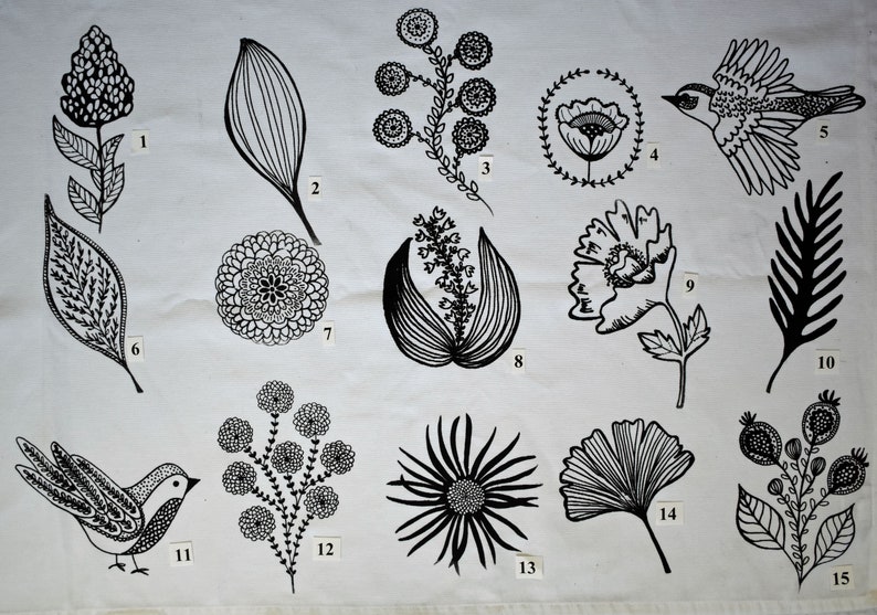 May include: Black and white line drawings of various floral and bird designs. The designs are numbered 1 through 15.