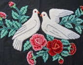 Vintage Embroidery Birds Plushwork Folk Art Roses Pillow Top Doves Darling