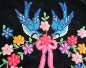 Vintage Velvet Embroidery Birds Punch Folk Art Pillow Top Bluebirds Adorable