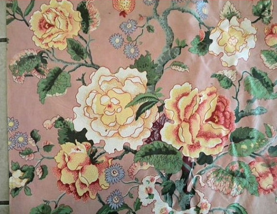Vintage Chintz Fabric Cotton Chippendale 1940's Dusty Pink Peonies Roses FABULOUS
