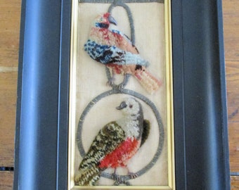 Antique Silk Chenille Embroidery Birds Plushwork 1860's Metallic Parrots Victorian BREATHTAKING