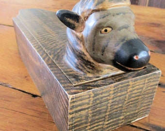 Antique Wood Box Folk Art Carved Sheep Head Faux-Bois Painted AMERICAN UNUSUAL