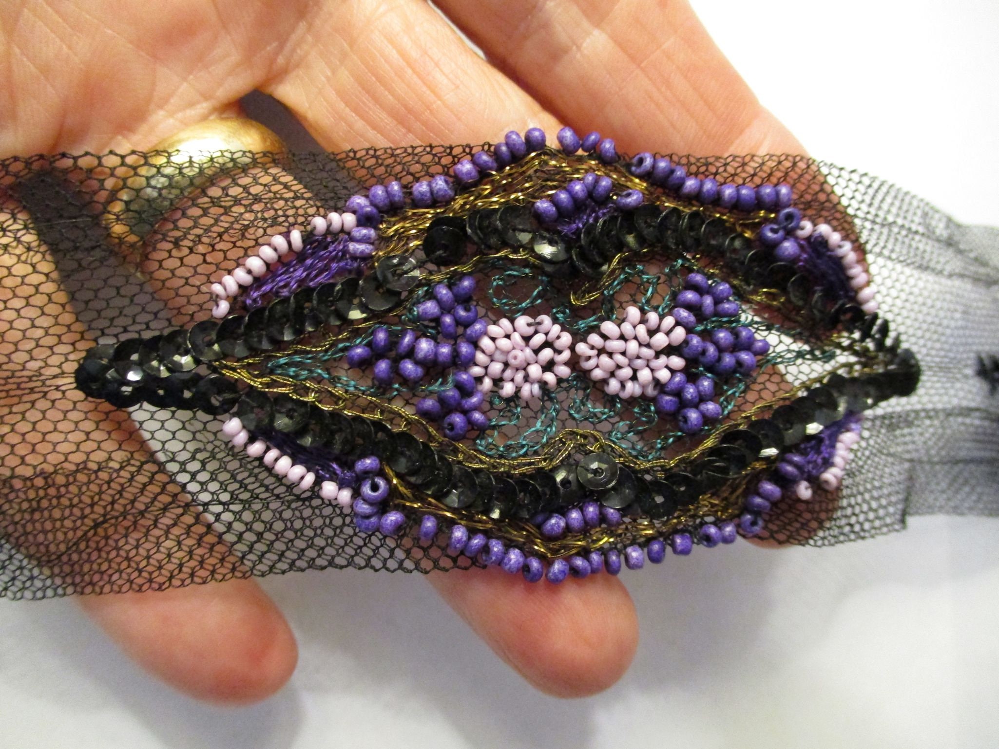 Antique Beaded Trim Net Lace Sequins Embroidered Metallic Appliques