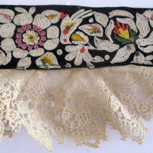 Antique Embroidered Trim Silk Lace Art Deco Birds Gorgeous