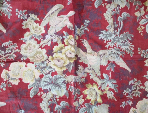 Antique Cotton Fabric Birds Chintz French Curtain Classical Floral GORGEOUS 1800's
