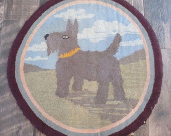 Antique Dog Rug Folk Art Hooked Scotty 1920s-1930s CHARMING 26" Across