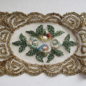 Antique Silk Metallic Applique Net Lace Edwardian 4 3/4" x 3" Embroidered Rayon Rosettes DARLING