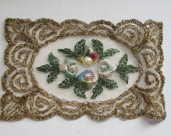 Antike Seide Metallic Applikation Netzspitze Edwardian 4 3/4 &quot;x 3&quot; Gestickte Rayon Rosetten DARLING