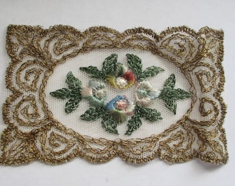 Antique Silk Metallic Applique Net Lace Edwardian 4 3/4" x 3" Embroidered Rayon Rosettes DARLING