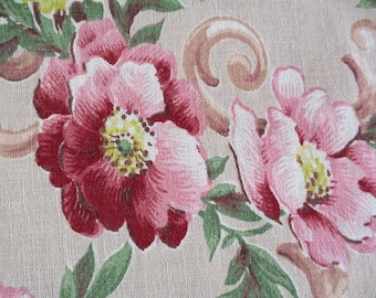 Antique Linen Fabric c.1920&#39;s-40&#39;s Taupe Pink Yellow LOVELY